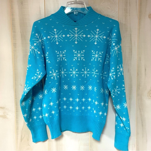 Vintage Herman’s Blue White Snowflake Pattern Wool Collared Sweater Sz M - Picture 1 of 3